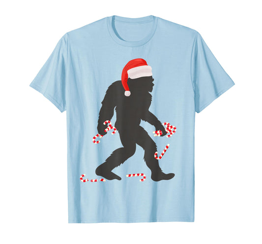 Funny Christmas Bigfoot with Santa Hat Carrying Candy Canes T-Shirt