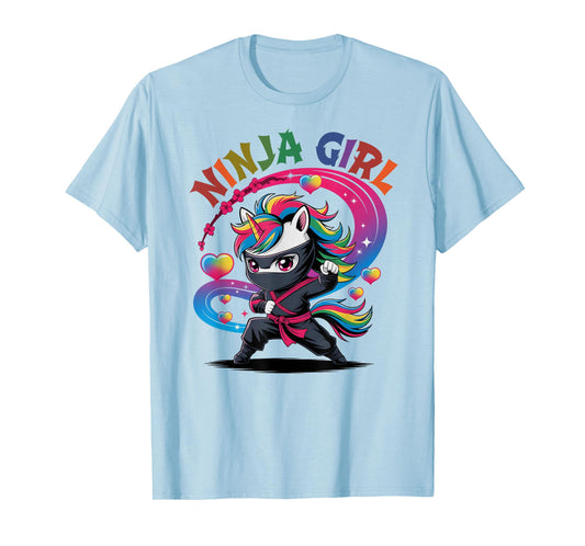 Magical NINJA GIRL Unicorn Rainbow Ponytail Princess Crew T-Shirt