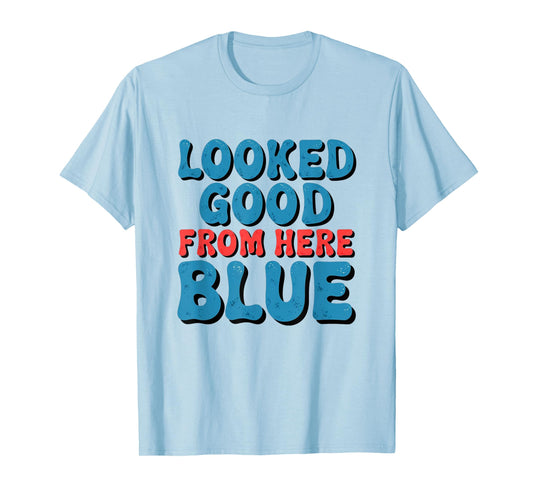 Retro Groovy Looked Good From Here Blue Funny Softball T-Shirt