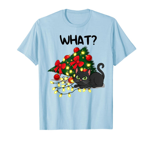 Funny Black Cat Pushing Christmas Tree Over Cat What? Xmas T-Shirt
