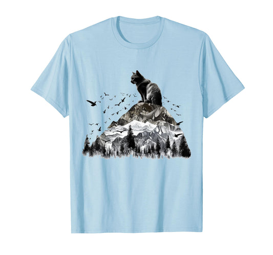 Cat Mountains Bird Artwork | Animal Motif Cat T-Shirt