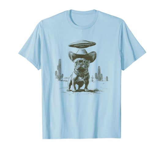 French Bulldog With Cowboy Hat In Desert UFO ALien T-Shirt