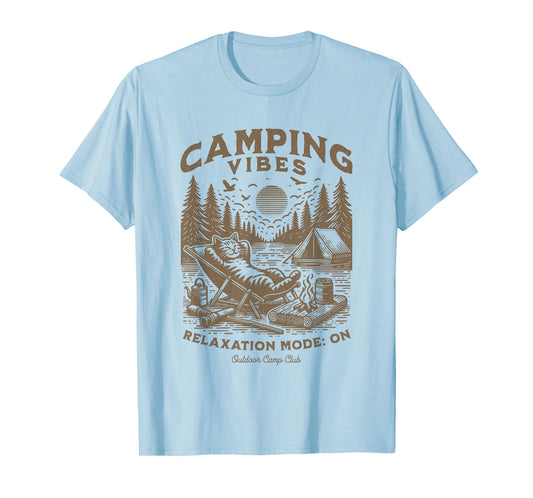 Camping Vibes Funny Cat Campfire Outdoor Nature Lovers Camp Men Women Kids T-Shirt