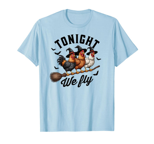 Tonight We Fly Halloween Funny Chicken on Broom Witch Spooky T-Shirt