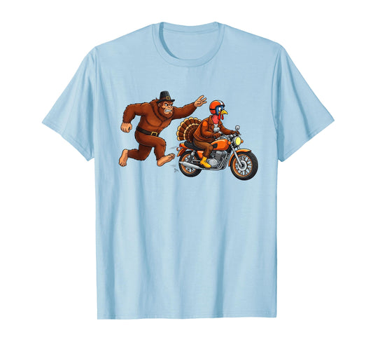 Funny Thanksgiving Turkey Motorcycle Bigfoot Chase Humor T-Shirt