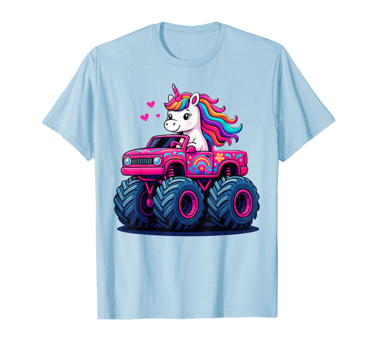Cute Unicorn Riding A Pink Monster Truck Lover Birthday Kids T-Shirt