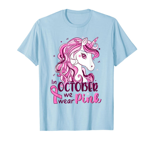 In October We Wear Pink Unicorn Breast Cancer Shirts Girls T-Shirt
