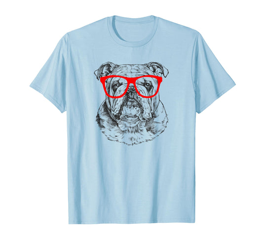 English Bulldog in Red Glasses Nerd Dog T Shirt Men Women Kids T-Shirt