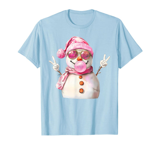 Retro Bubblegum Snowman Selfie Girly Pink Christmas Women T-Shirt