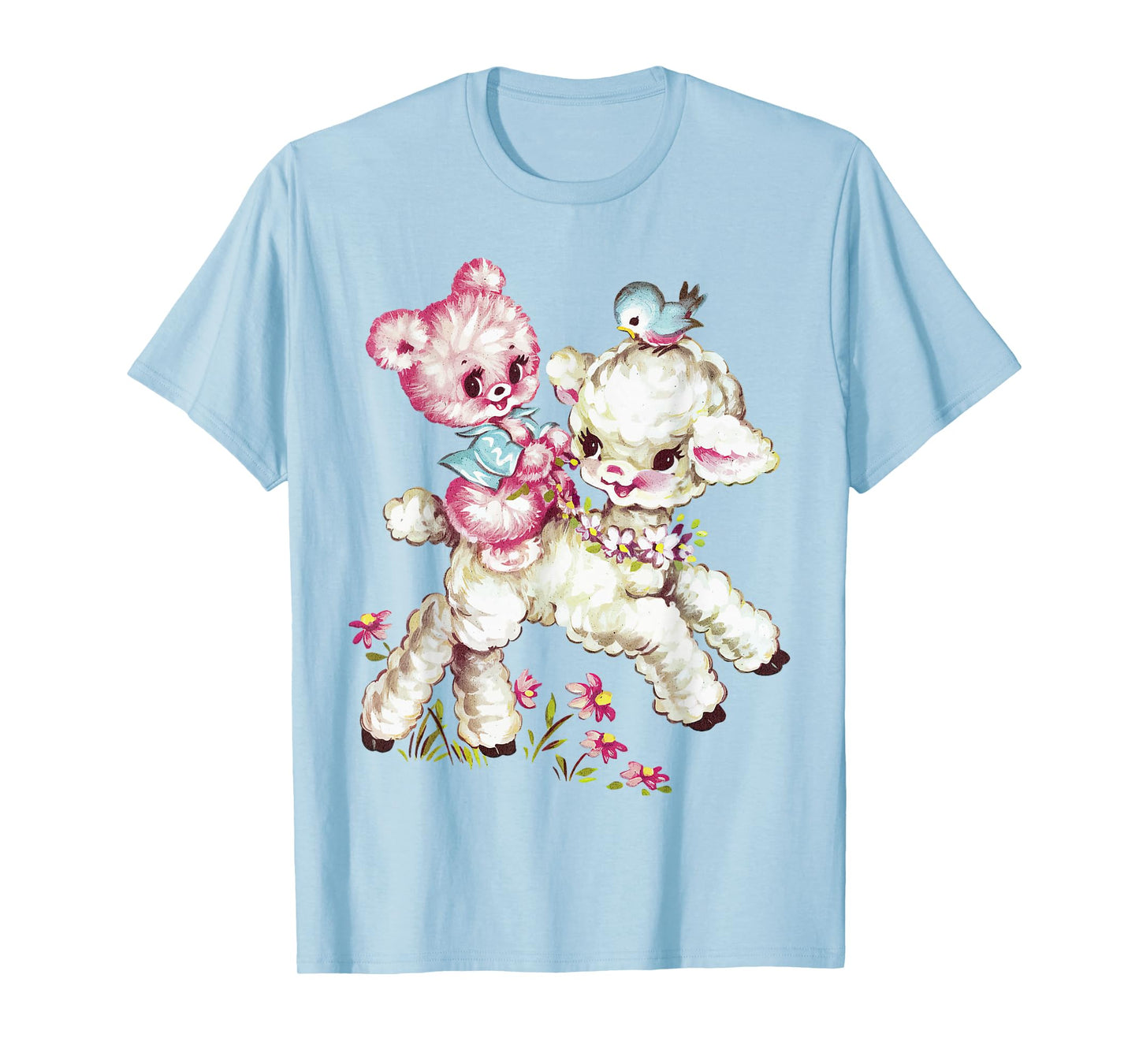 Vintage Easter Cute Lamb Bear Spring Flowers Retro Vintage T-Shirt