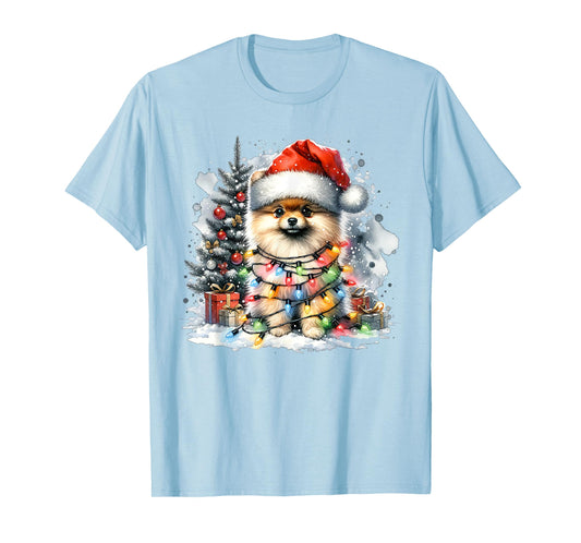Funny Cute Santa Pomeranian Dog Tangled In Christmas Lights T-Shirt