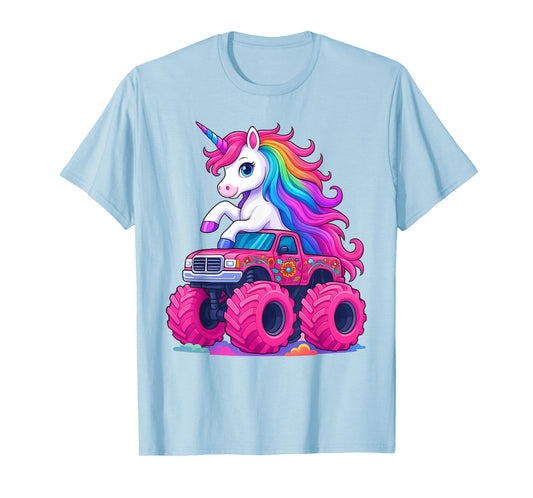 Cute Unicorn Riding A Pink Monster Truck Lover Birthday Kids T-Shirt