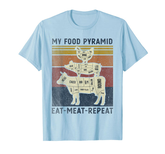 My Food Pyramid Eat Meat Repeat Retro Vintage Funny BBQ Joke T-Shirt