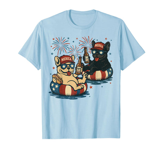 Retro Dogs With Beer, French Bulldog Adult 4th of July T-Shirt