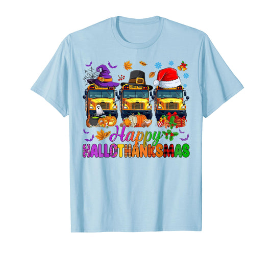Happy Hallothanksmas School Bus Halloween Thanksgiving Xmas T-Shirt