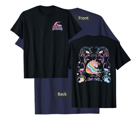 Unicorn Academy Enchanting Graphic Logo Front and Back Print T-Shirt