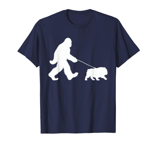 Bigfoot Walking a Dog Funny English Bulldog Lovers Dog Dad T-Shirt for Men Women Girls Kids