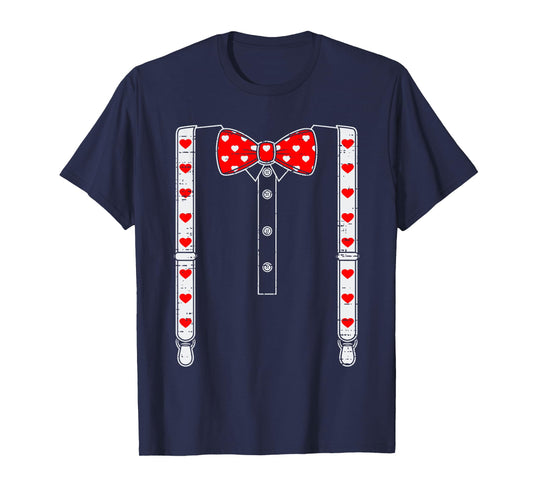 Valentines Day Suspenders And Hearts Bow Tie Boys Teens Kids T-Shirt