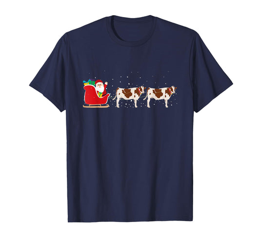 Cow Santa Christmas Sleigh - Funny Cow Xmas T-Shirt