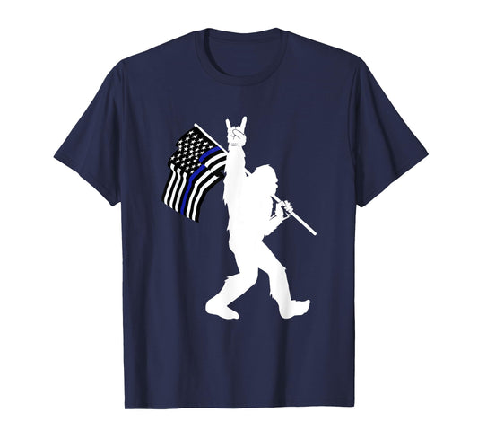 Funny Bigfoot Rock and Roll Thin Blue Line Flag for Police T-Shirt