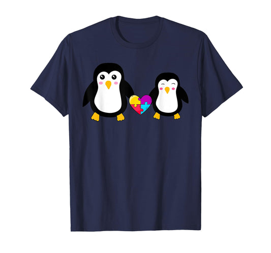 Autism Awareness Cute Penguin Heart Puzzles T-Shirt