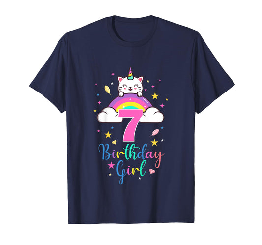 7th Birthday Girl Seven Years Old Birthday Caticorn Rainbow T-Shirt