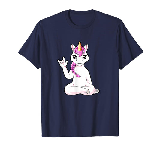 Cartoon unicorn shows I love you - ASL hand gesture T-Shirt