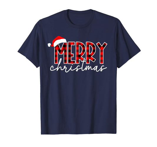 Merry Christmas Buffalo Plaid Red Santa Hat Xmas Pajamas T-Shirt