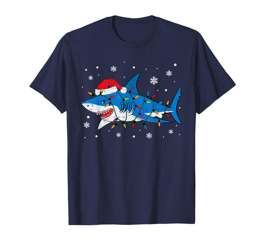 Shark Santa Hat Christmas Lights Xmas Pajama Men Women Kids T-Shirt