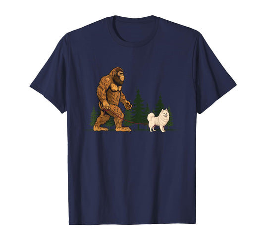Funny American Eskimo Bigfoot Dog Walking Dog Mom Dad Kids T-Shirt