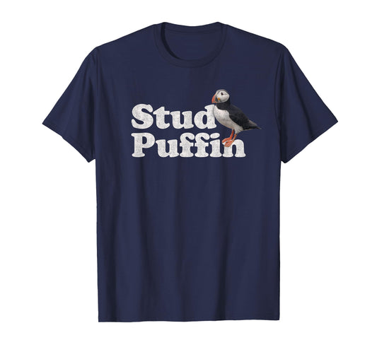 Stud Puffin T-Shirt - Retro Vintage Style - Black - Unisex-Adults - Short Sleeve - Classic Fit - Cotton Blend - Small