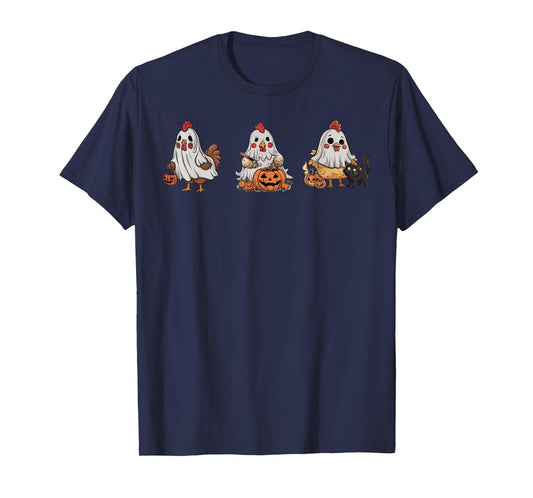 Chickens In Ghost Costume Pumpkin Black Cat Halloween T-Shirt for Men Women Kids