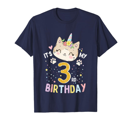 Kids It’s My 3rd Birthday Cute Unicorn Cat 3-Year-Old Girl T-Shirt