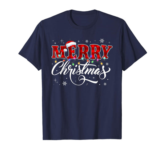 Merry Christmas Buffalo Plaid Red Santa Hat Xmas Pajamas T-Shirt