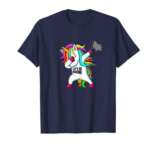 Race Car Racing Dabbing Unicorn Checkered Flag T-Shirt