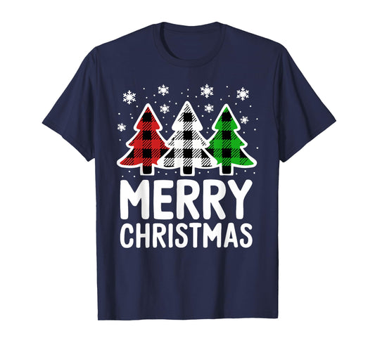 Merry Christmas Shirt Red White Green Buffalo Plaid Tree T-Shirt