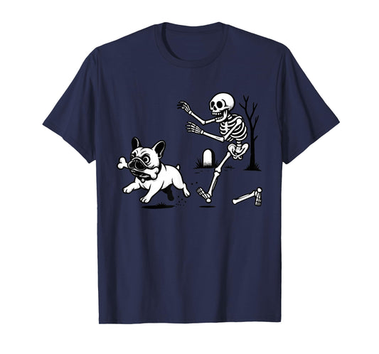 Skeleton Chasing French Bulldog Halloween Dog Mom Pet Lover T-Shirt