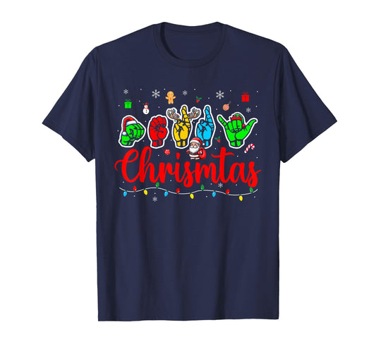 Merry Christmas ASL Hand Sign Language Colorful Santa Lover T-Shirt