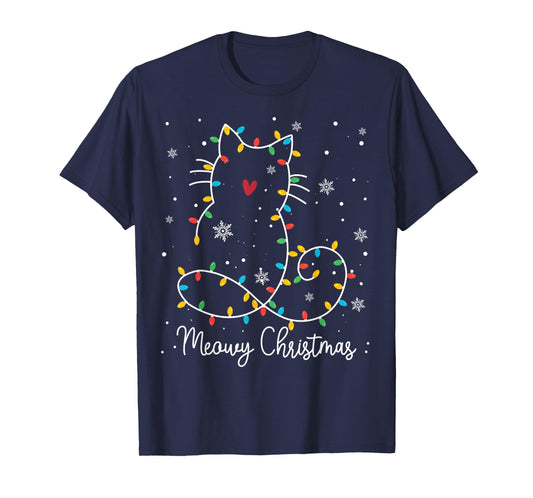 Cute Cat Meowy Christmas Light Cat Lover Mom Dad Merry Xmas Men Women Kids T-Shirt