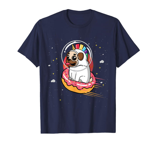 Pug in Rainbow Unicorn Costume riding Donut in Space T-Shirt