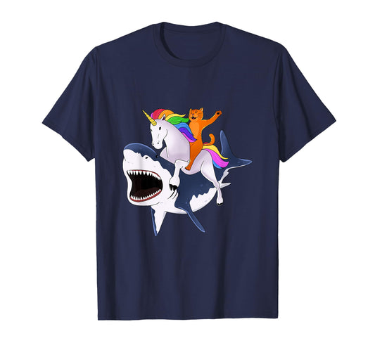 Cat Riding Unicorn Riding Shark Gift T-Shirt T-Shirt for Men Women Girls Kids