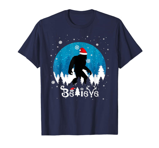 Funny Christmas Xmas Bigfoot Believe Sasquatch In Moon Light T-Shirt