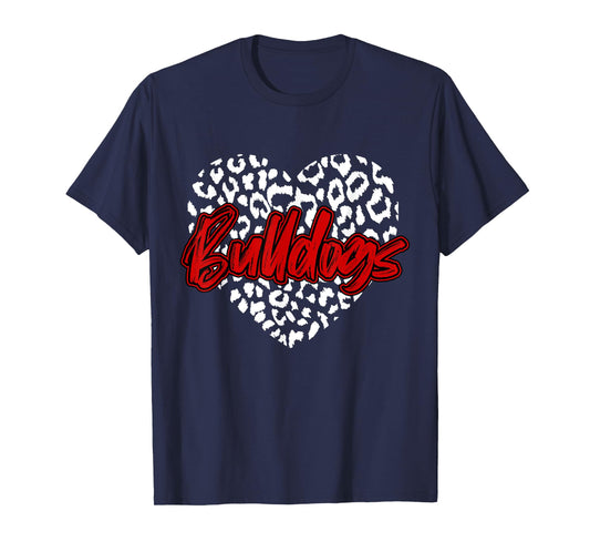 Bulldogs Red Cheetah Leopard Heart School Sports Team Spirit T-Shirt
