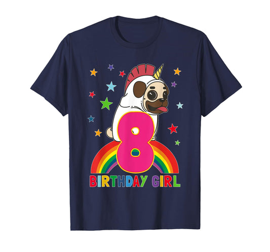 Pug 8th Birthday 8 Year Old Girl Unicorn Pugicorn Party Gift T-Shirt