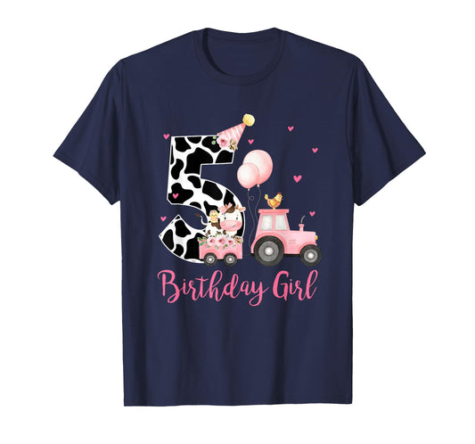 5th Birthday Outfit Girl 5 Year Old Farm Cow Chick Tractor T-Shirt