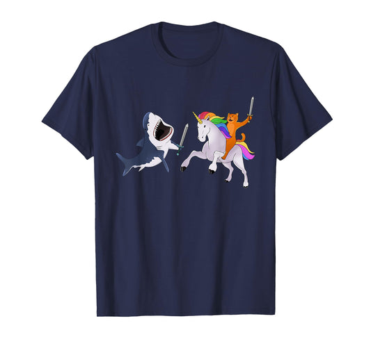 Funny Cat Riding Magical Unicorn Sword Fighting Shark T-Shirt