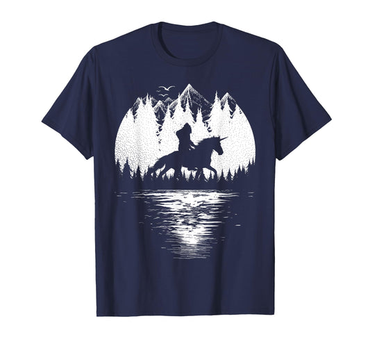 Bigfoot Riding Unicorn amidst Trees! Funny Sasquatch Unicorn T-Shirt