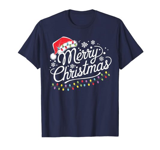 Merry Christmas Lights Red Santa Hat Xmas Family Men Women T-Shirt