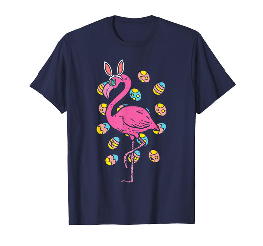 Flamingo Bunny Ears Glasses Eggs Easter Bird Animal Women T-Shirt
