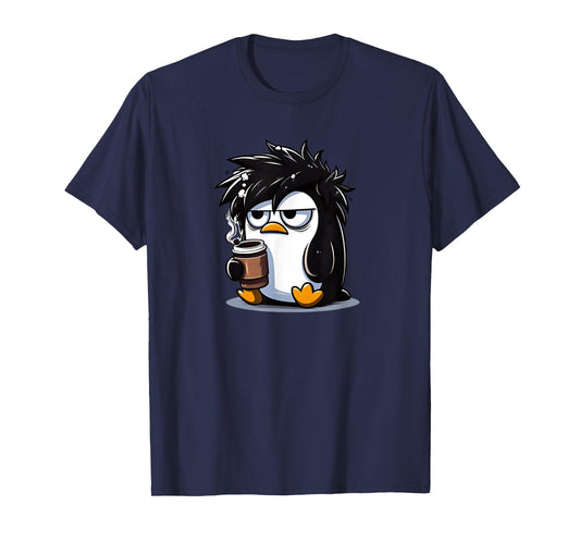Funny Linux Tux Penguin Coffee Cartoon Grumpy Stressed T-Shirt